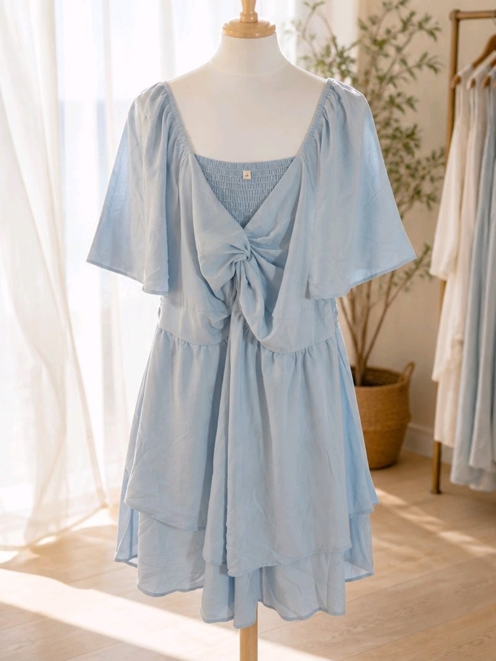 Soft Blue Tie-Front Midi Dress with Flutter Sleeves